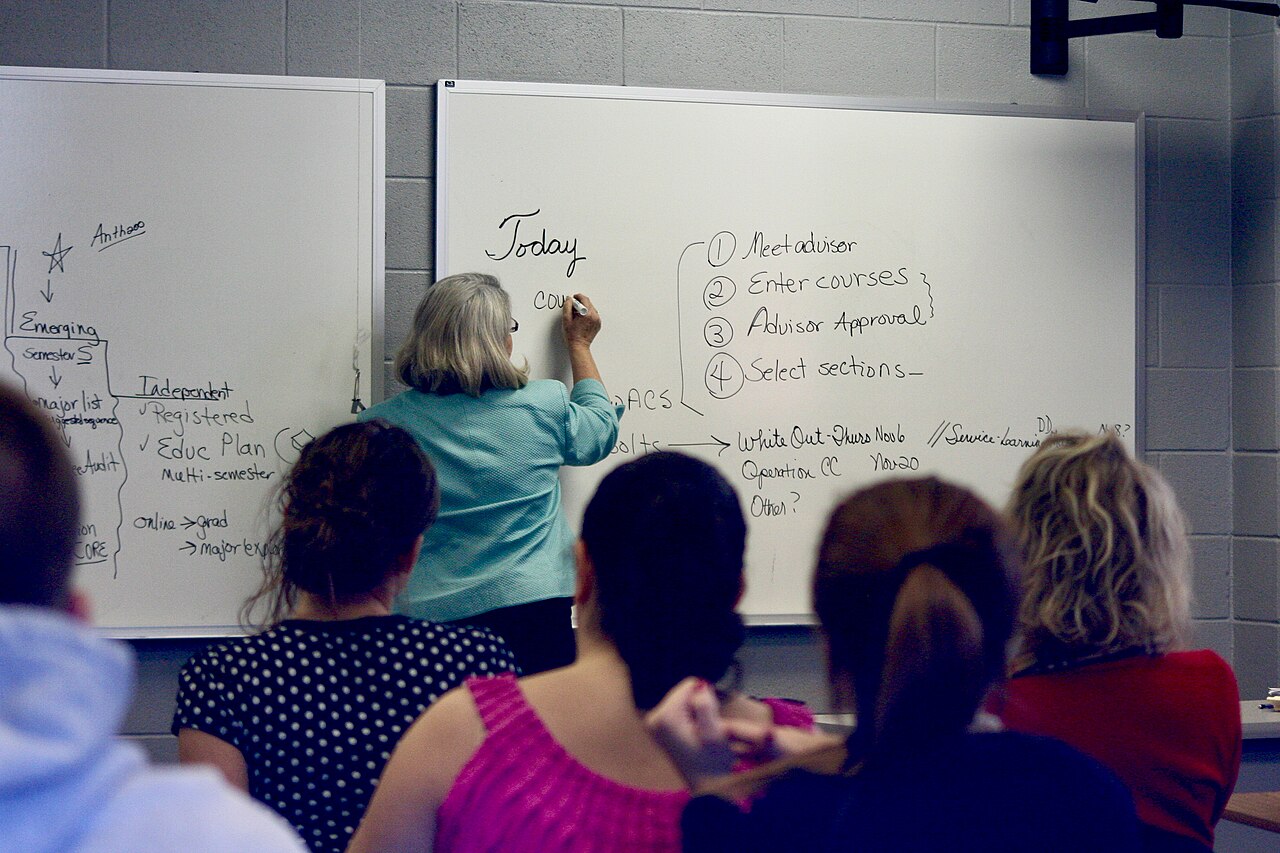 A college professor teaching in a university classroom full of students in Tennessee, United States 10