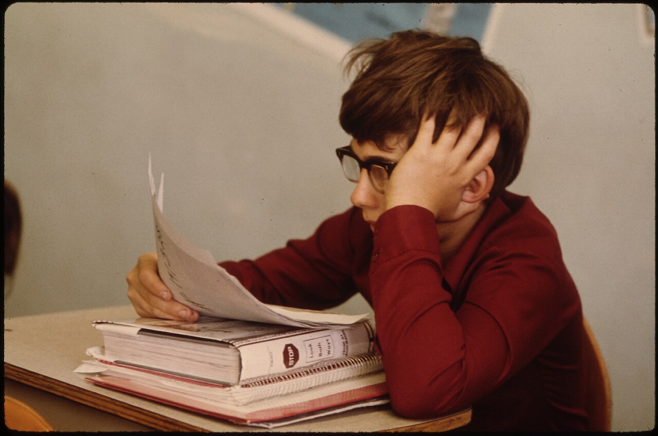 STUDENTS STUDYING AT CATHEDRAL SENIOR HIGH SCHOOL IN NEW ULM, MINNESOTA. THE TOWN IS A COUNTY SEAT TRADING CEN